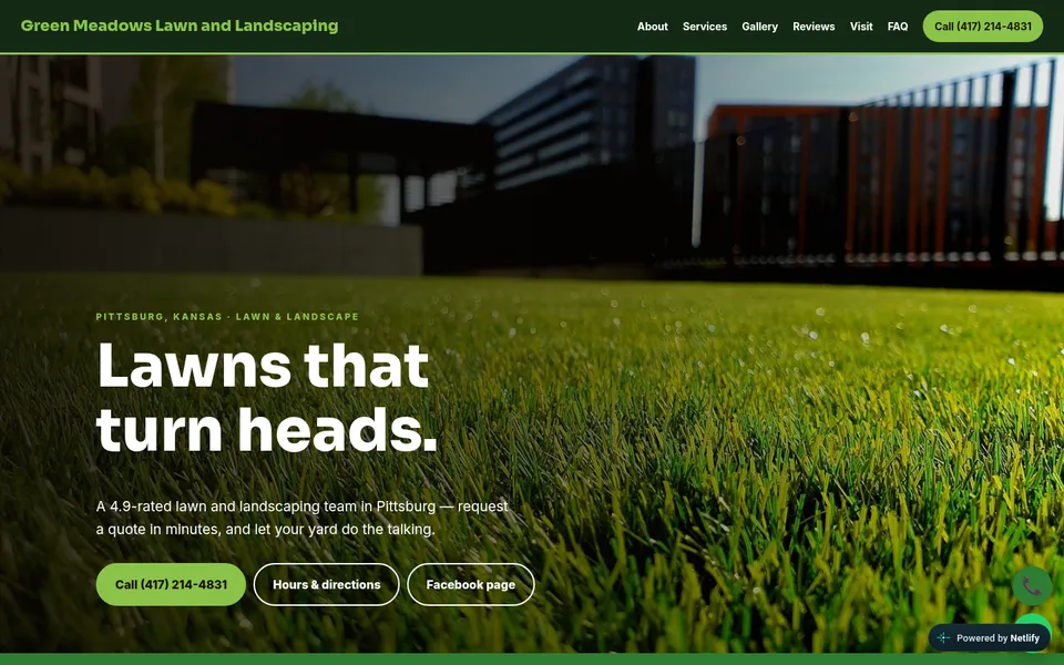 Homepage of the Green Meadows Lawn website demo