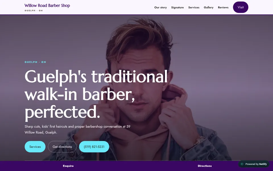 Homepage of the Willow Road Barber Shop website demo